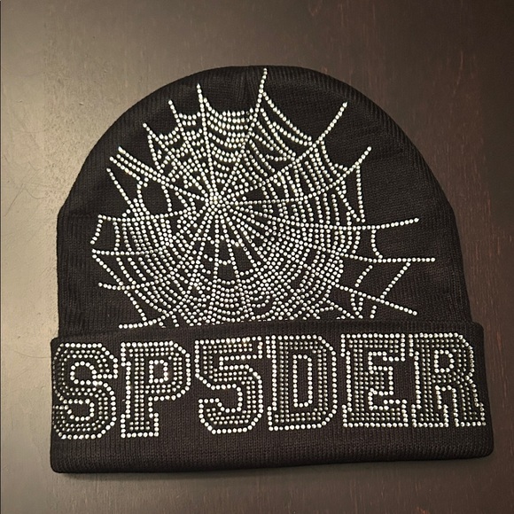 SP5DER Black Beanie with Web Design